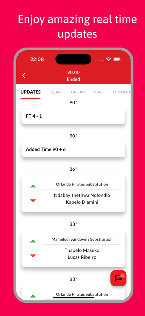 Una pantalla de teléfono inteligente que muestra actualizaciones de partidos de fútbol en tiempo real y la puntuación de Orlando Pirates en la aplicación Pirates Live.