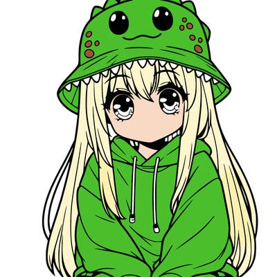 girl with anime shaped eyes with a dinosaur bucket hat oversized sweatshirt long straight hair