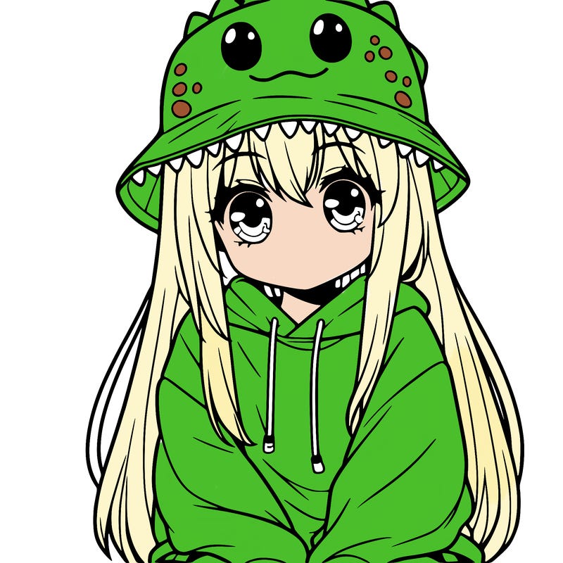 girl with anime shaped eyes with a dinosaur bucket hat oversized sweatshirt long straight hair