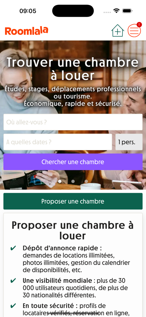 Roomlala app interface for finding and offering rooms for rent