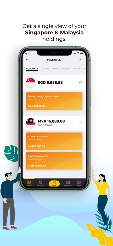 Interfaz de la aplicación Maybank2u SG que muestra una vista consolidada de los saldos de las cuentas bancarias de Singapur y Malasia