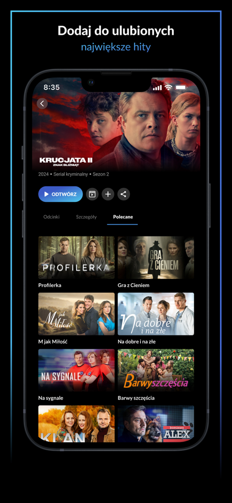 TVP VOD - Interfaccia dell'app mobile TVP VOD che mostra una selezione di serie TV e film polacchi popolari disponibili per lo streaming.