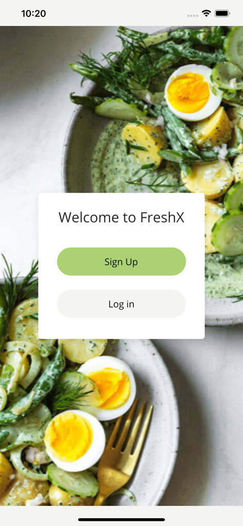FreshX by Fresh Ideas - Welcome to FreshX app screen with sign up and log in buttons