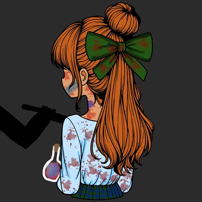 realistic girl  with hip length hair a bun and a big bow on the back of head