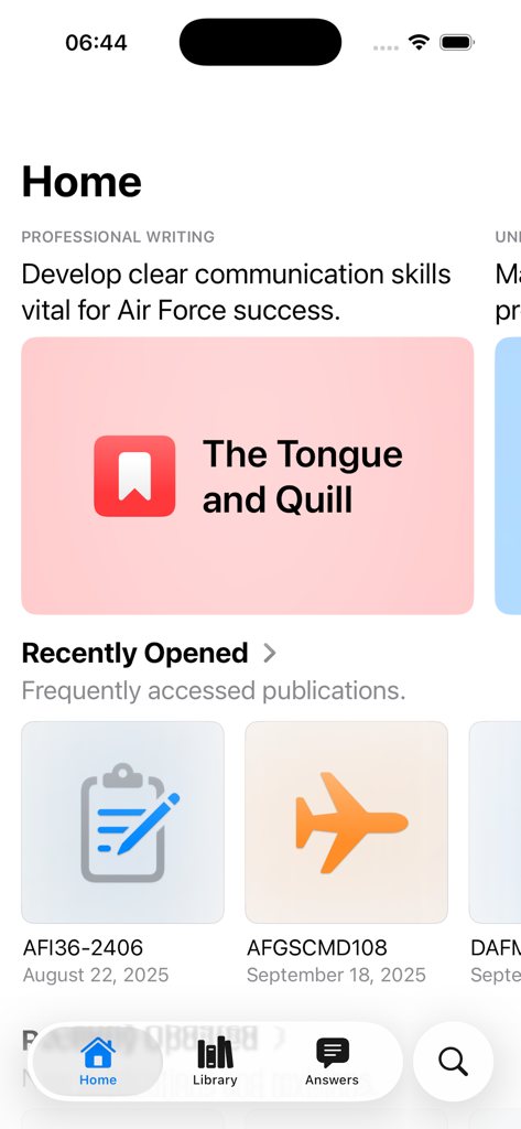 Home screen of AFI Explorer app showing professional writing resources and recently opened Air Force publications.