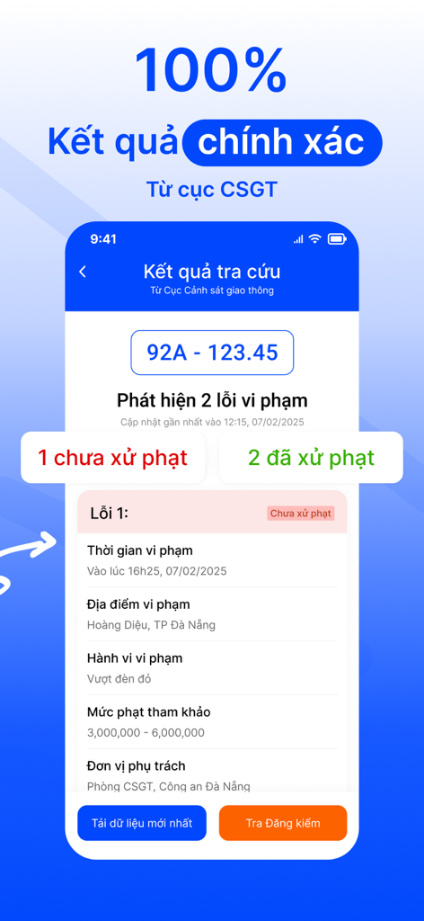 Tra cứu phạt nguội toàn quốc. - Mobile app screen displaying detailed traffic violation search results for a vehicle in Vietnam