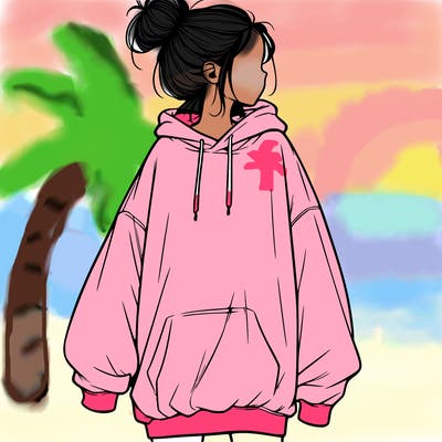 realistic girl with a oversized sweatshirt on and a bun