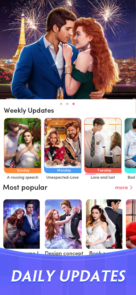 Scripts: Episode & Choices - Menú principal de la aplicación Scripts Episode and Choices que presenta diversas historias románticas y un banner de actualizaciones diarias