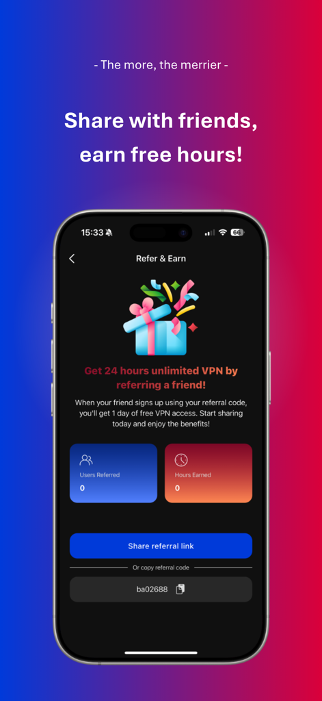 Lightning Cat VPN: Fast & Safe - A screenshot of the Lightning Cat VPN Refer and Earn screen showing a 24-hour unlimited VPN reward for referring friends