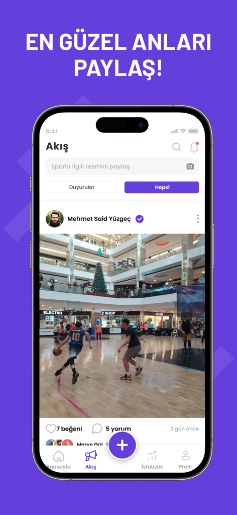 Sporsepeti - Sporsepeti app social feed showing a user post of a basketball game