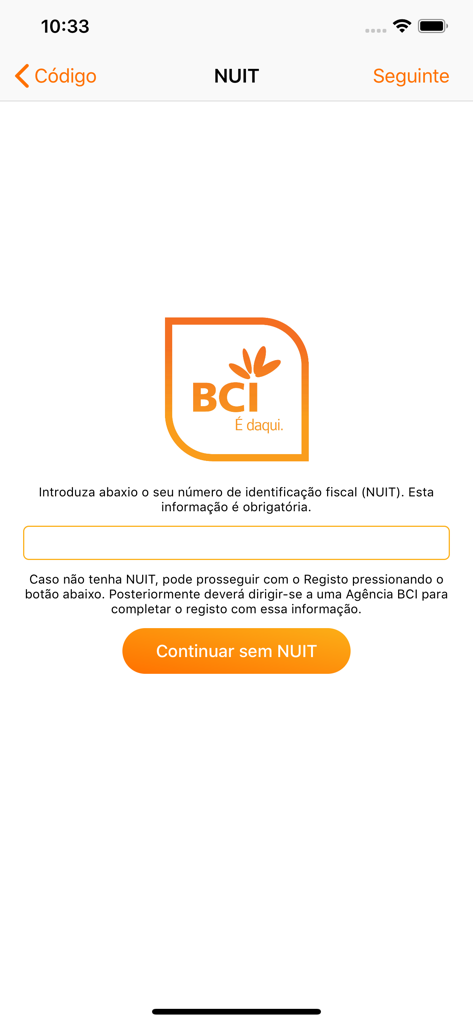 BCI Trading - BCI Trading app registration screen for entering Mozambican tax identification number NUIT