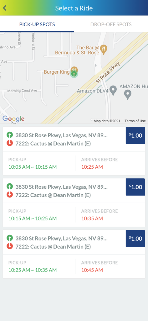 RTC-OnDemand app screen showing ride selection options with a map and pricing details for Las Vegas transit