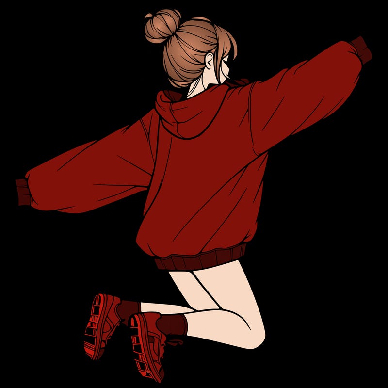 realistic girl jumping with a bun and oversized sweatshirt