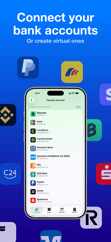 Financial - Manager & Tracker - An iPhone screen displaying a list of bank connection options in the Financial app