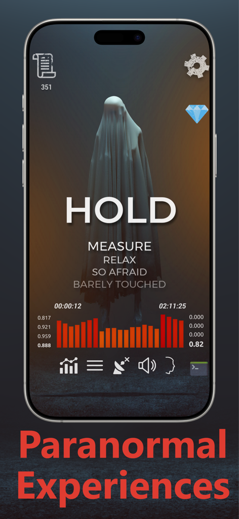 Spirit Chat Box - Ghost Talker - Interfaccia dell'app Spirit Chat Box che mostra una figura spettrale e parole rilevate durante una sessione paranormale