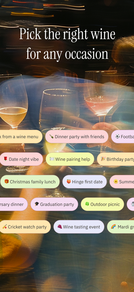 Remi: Wine for Fun People - デートナイトやディナーパーティーなど、ワインペアリングのさまざまな機会を示すレミワインアプリのモバイル画面。