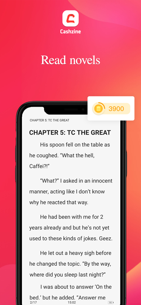 Cashzine-Read Novels - A smartphone displaying a novel chapter in the Cashzine app with a gold coin reward counter