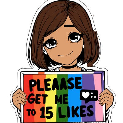 realistic girl holding up a sign that says please get me to 15 likes