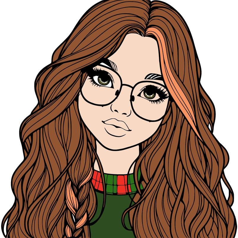 girl with long hair and freckles and glasses realistic