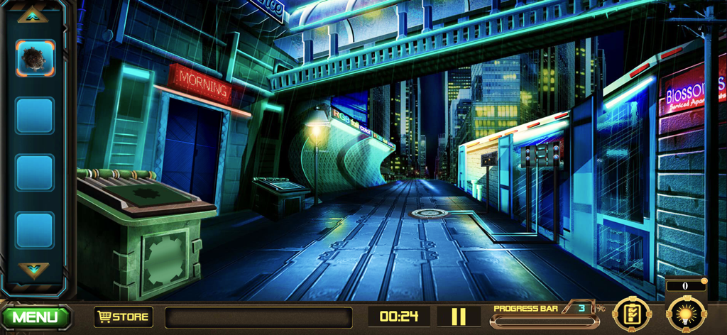 Escape Mystery - Alien Impact - Point and click gameplay in a futuristic sci-fi city showing a street with neon signs and a puzzle inventory interface.