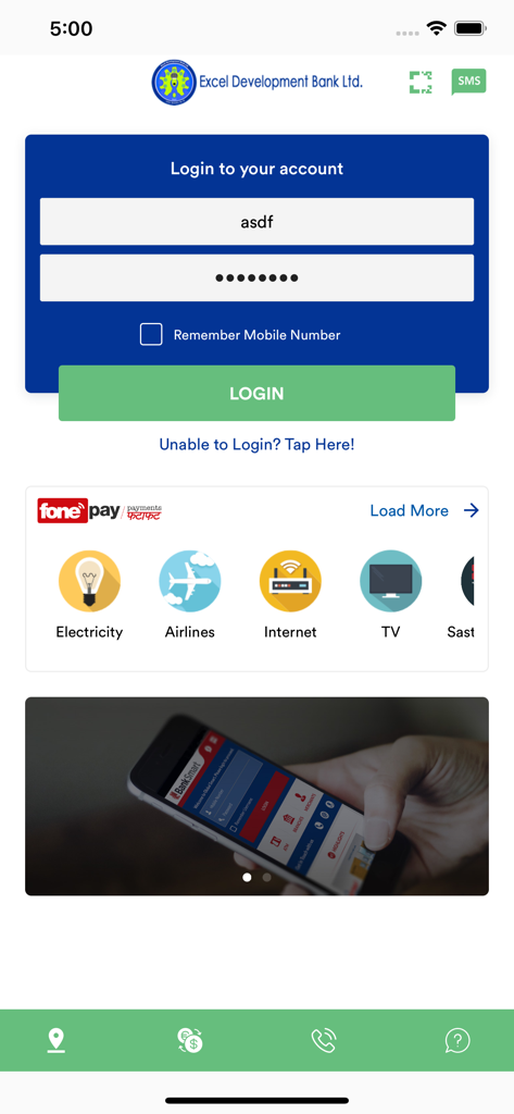 Anmeldebildschirm der Excel Smart Mobile-Banking-App mit Symbolen für die Zahlung von Nebenkosten wie Strom und Internet.