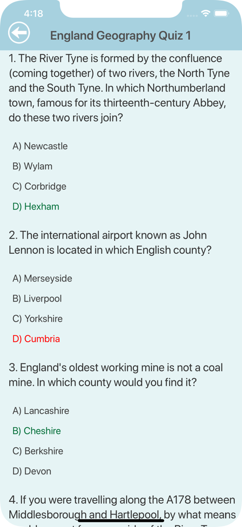 England Geography Quiz - Uno screenshot di domande a scelta multipla nell'app Quiz di Geografia dell'Inghilterra che mostra argomenti come fiumi e contee