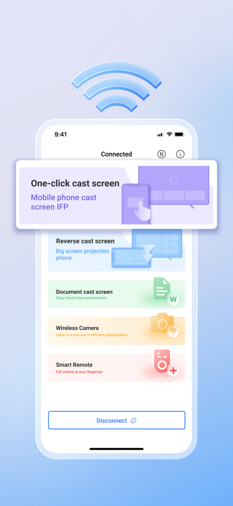 Screen Share for WAF series - Menú principal de la aplicación Screen Share para la serie WAF que muestra opciones para transmitir con un clic, transmitir de forma inversa, compartir documentos, cámara inalámbrica y control remoto inteligente.