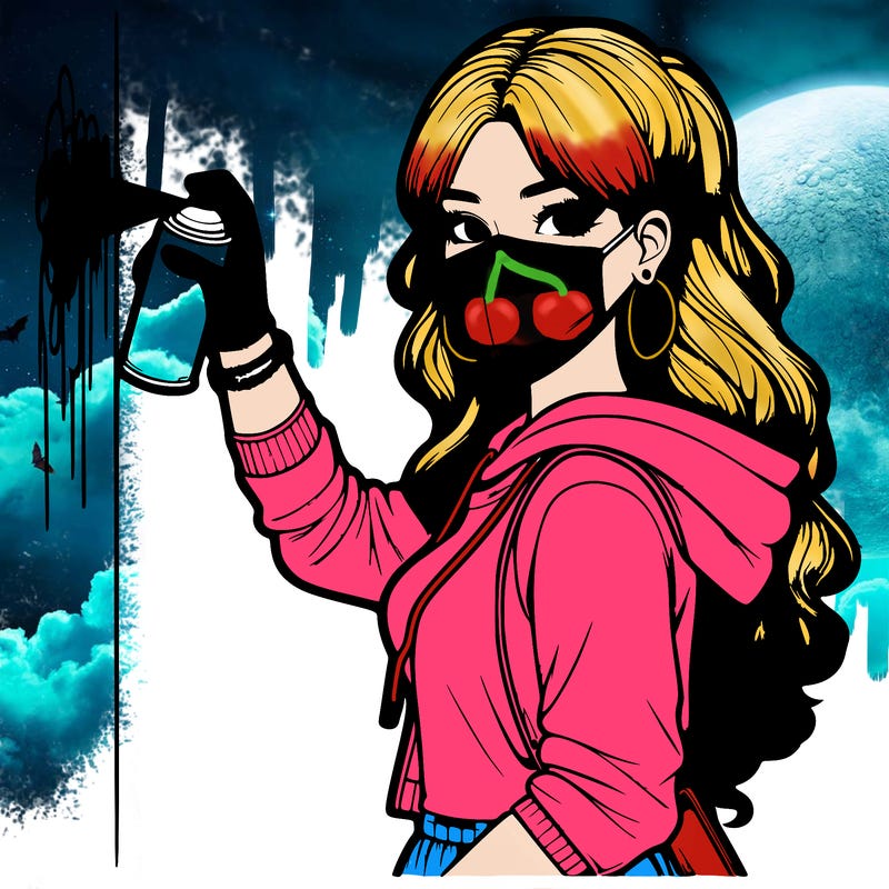 realistic girl with mask spray painting a wall