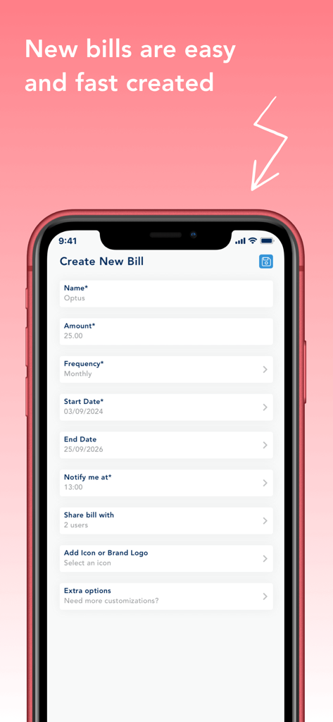 BillOut - Bill Tracker - Mobile app screen showing the form to create a new bill with fields for name, amount, frequency, and shared billing options