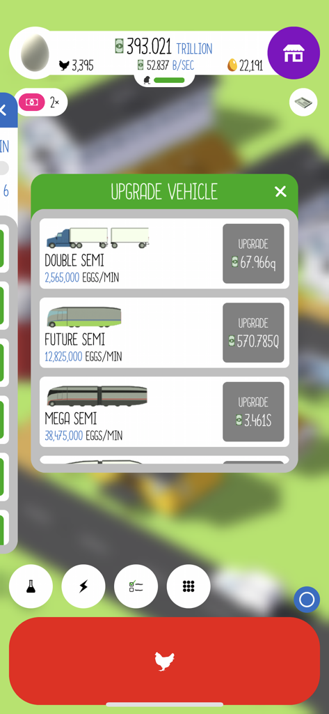 A screenshot of the Egg Inc mobile game showing a menu for upgrading shipping vehicles like the Mega Semi truck.