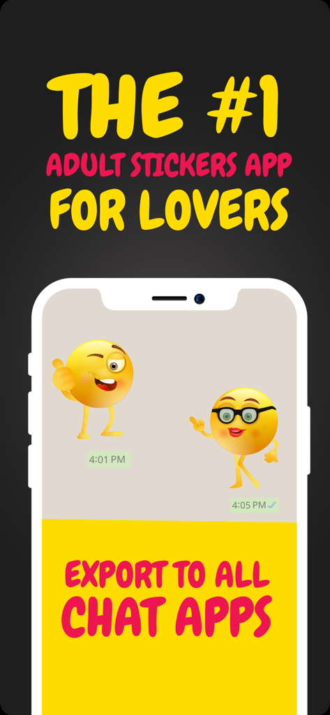 AdultMoji app interface showing flirty emoji stickers in a chat window with text saying it is the number one adult stickers app for lovers and supports all chat apps