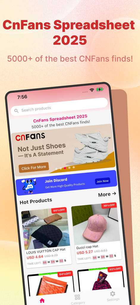 Cnfans Sheets - Interfaz de la aplicación Cnfans Spreadsheet 2025 mostrando productos de streetwear populares y descuentos
