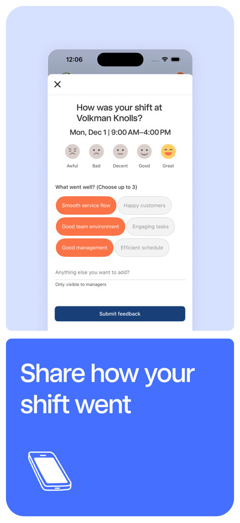 Uno schermo mobile mostra un sondaggio post-turno nell'app 7shifts con emoji di valutazione e opzioni di feedback.