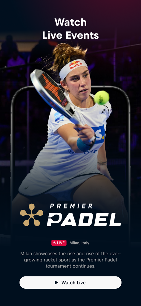 Red Bull TV: Watch Live Events - 이탈리아 밀라노에서 열리는 라이브 Premier Padel 경기를 보여주는 Red Bull TV 앱 인터페이스
