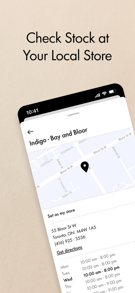Indigo - Indigo app screenshot showing the check stock at local store feature with a map and business hours for a specific location