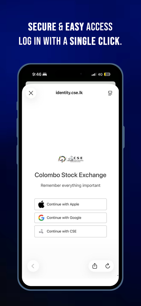 CSE Mobile App - Secure login screen for CSE Mobile App with Apple and Google sign in options