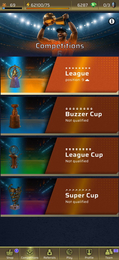 Buzzer Beater - PvP Basketball - Un menú que muestra varios modos de competición en Buzzer Beater PvP Basketball, incluyendo Liga, Copa Buzzer, Copa de Liga y Supercopa.