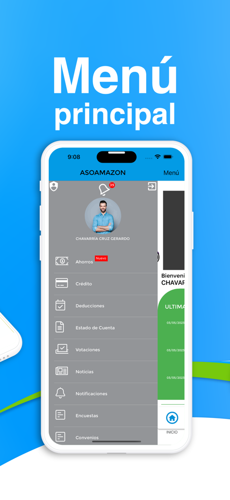 財務ナビゲーションオプションが表示されたASOAMAZONモバイルアプリのメインメニュー