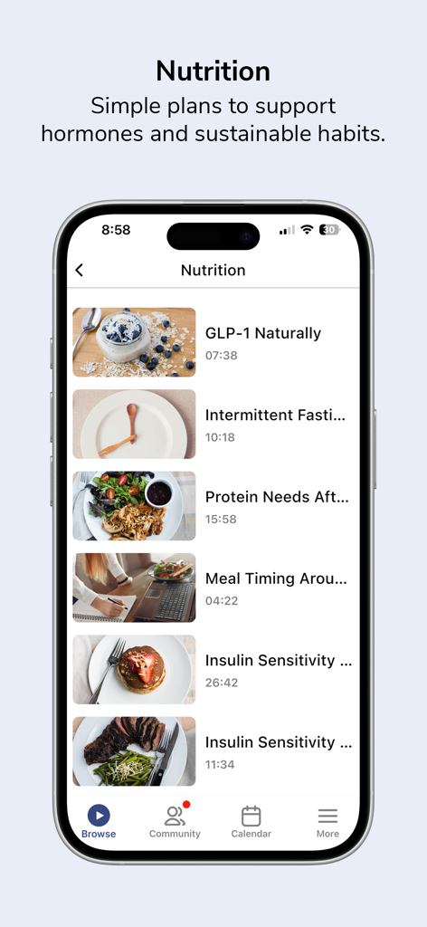 Moms Into Fitness - Moms Into Fitness nutrition screen showing plans for hormones and sustainable habits.