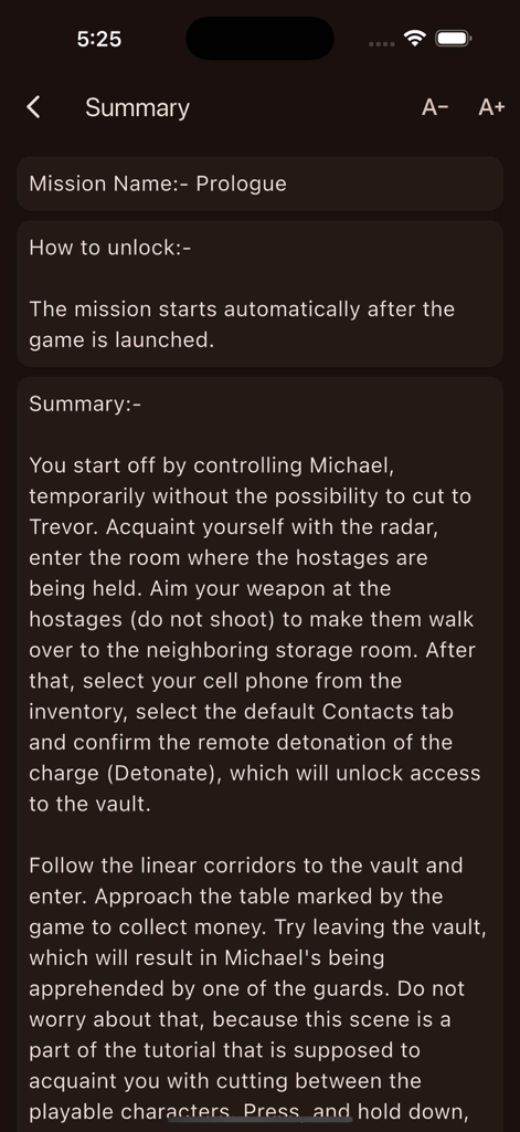 Uno screenshot dall'app mobile che mostra il riassunto e le istruzioni di sblocco per la missione prologo di GTA 5