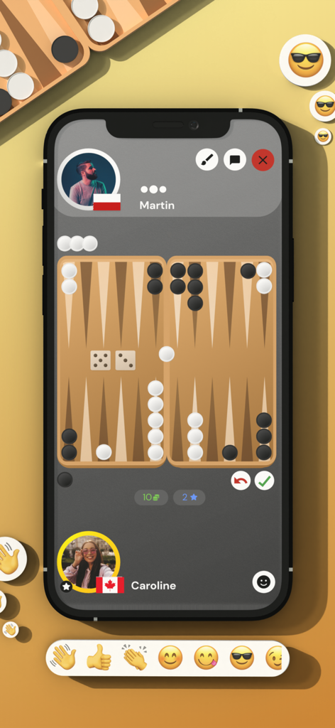 Backgammon Pro Online - Uno screenshot mobile che mostra una partita di backgammon online tra due giocatori con emoji sociali