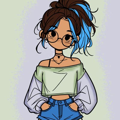 girl with a messy ponytail glasses a baggy crop top and jean shorts