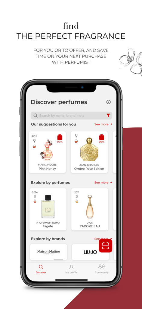 O ecrã de descoberta da aplicação PERFUMIST mostrando recomendações personalizadas de perfumes