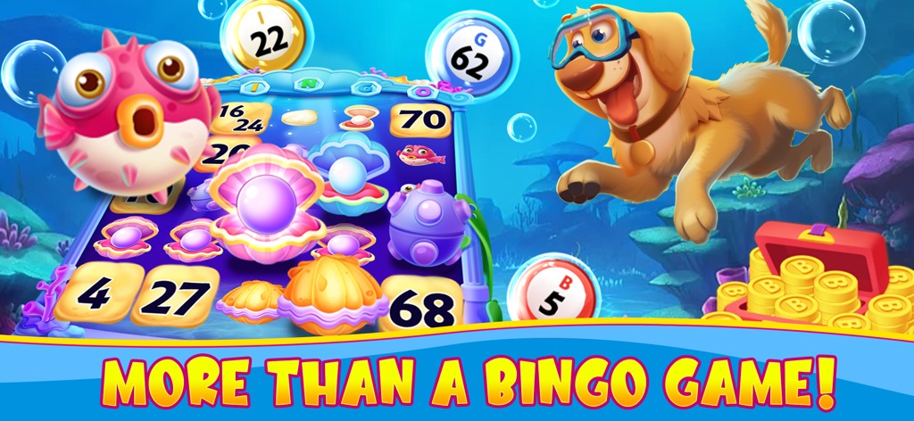 Bravo Bingo-Lucky Bingo Game - An underwater themed bingo game screen featuring a scuba diving dog and a pufferfish character next to a treasure chest of coins.