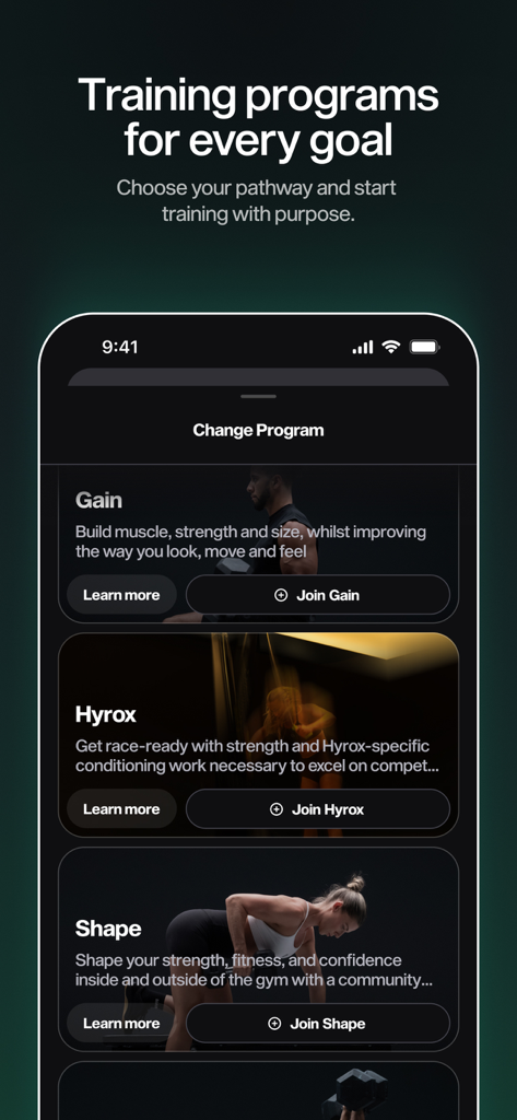 MARCHON TRAINING - Uma interface móvel mostrando os programas de fitness MARCHON TRAINING, incluindo Gain, Hyrox e Shape