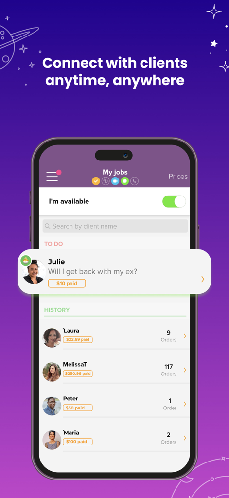 Interface of the Purple Advisors app showing active reading requests and client history dashboard.