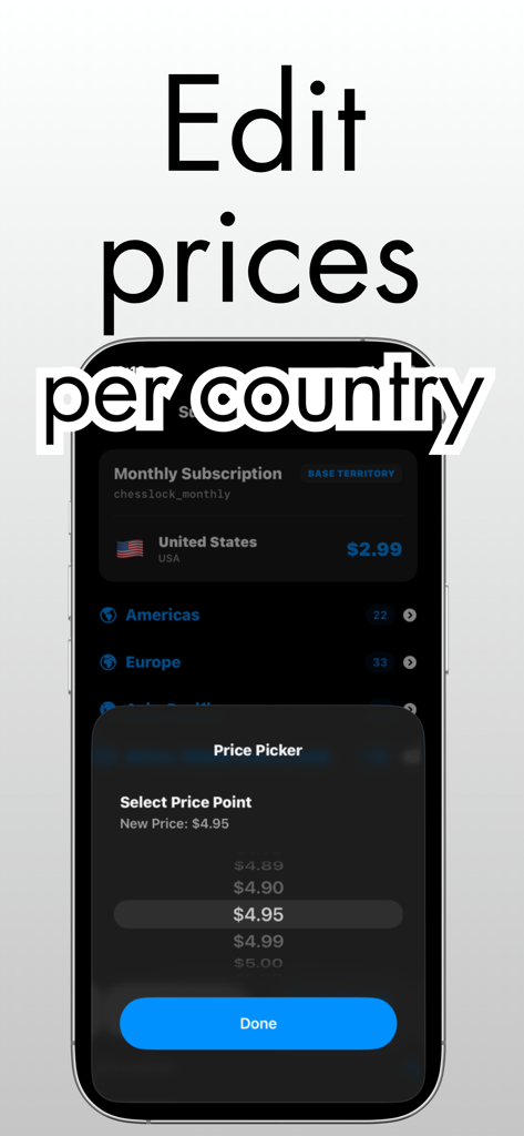 PriceKit app interface showing a price picker to edit subscription prices for different countries and regions.