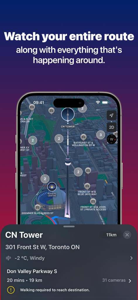 Ontario Road Cameras - CNタワーへのルート詳細とカメラアイコンを示す、オンタリオ州道路カメラアプリのトロントの3Dマップインターフェイス。