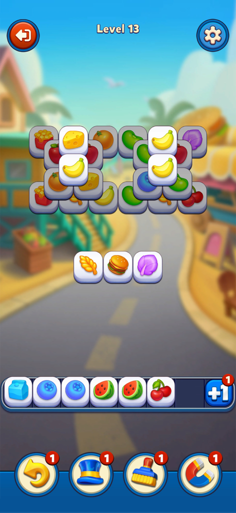 Tile Blast: ASMR Match - Tile matching puzzle game screen with food icons and boosters