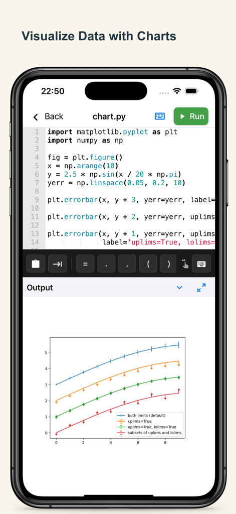 Python code editor on iPhone showing a data visualization chart created with Matplotlib